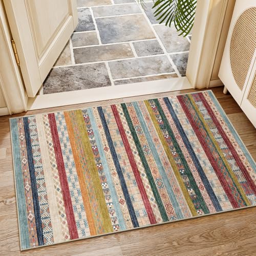Puino 2x3 Washable Moroccan Area Rug: Geometric Boho Area Rugs for Entryway Small Mat for Kitchen with Non-Slip Backing Indoor Bedroom Door Mat Red&Blue Colourful 2'x3'.