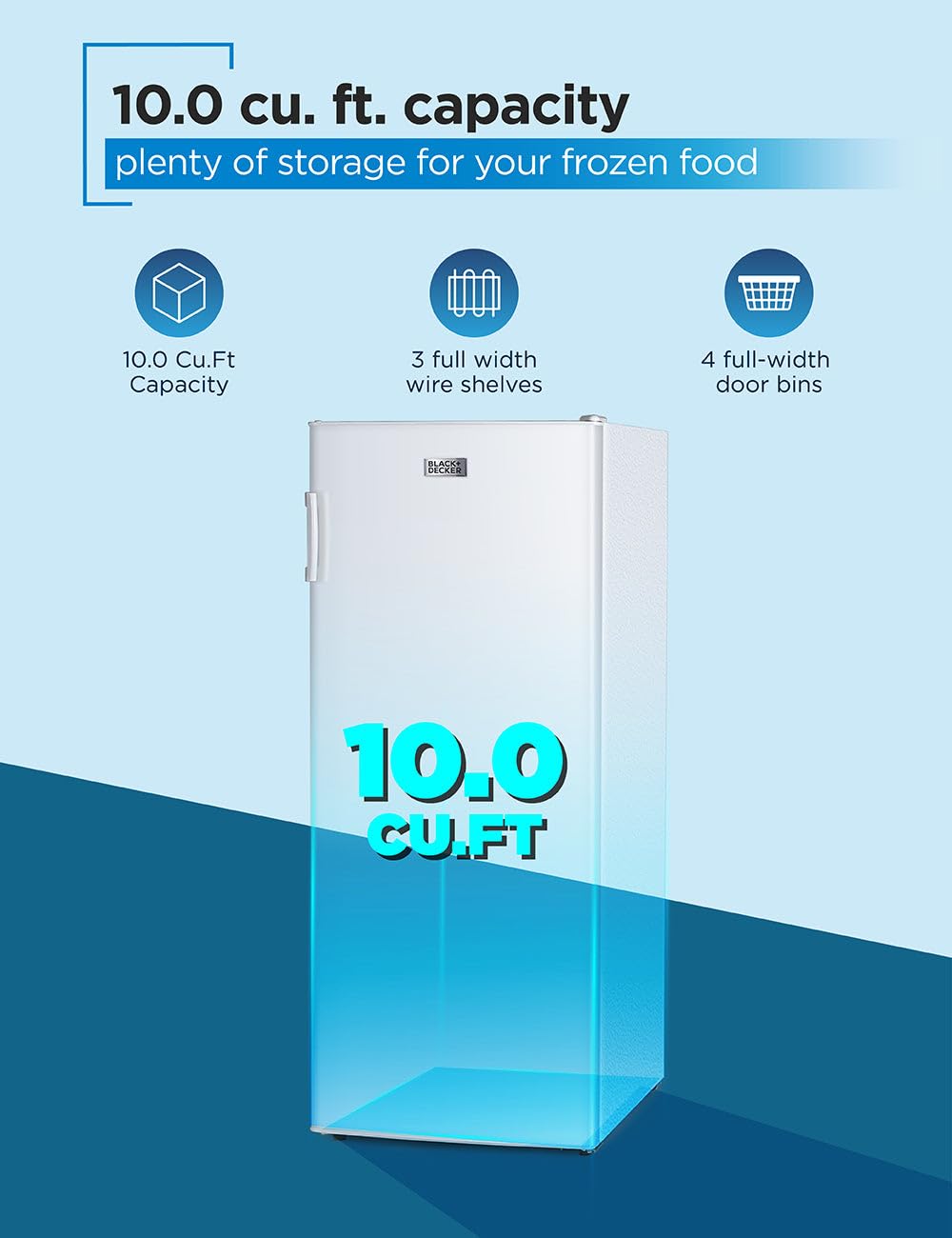 Black+Decker 10 Cu. Ft. Upright Freezer, Stand Up Freezer With Mechanical Temperature Control, Freezer Upright With 3 Shelves And 4 Door Bins, Manual Defrost, R600a Refrigerant, Buf1000lw, White on Fridge.com - View 2
