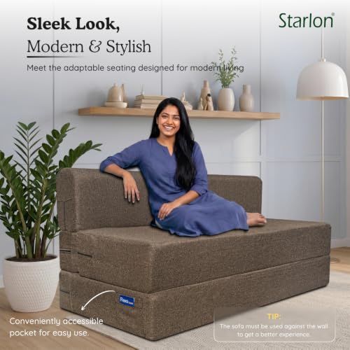 Image of Starlon 3 Seater Sofa Cum Bed Foldable 3-in-1 Sofa Bed with 1 Year Warranty, Washable Jute Fabric Cover & 2 Floral Pillows | Guest Bed | Coffee Brown 5x6.5 Ft
