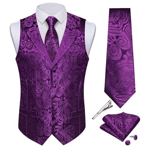 DiBanGu Mens Silk Paisley Vest and Tie Set 5PCS Dark Purple Large