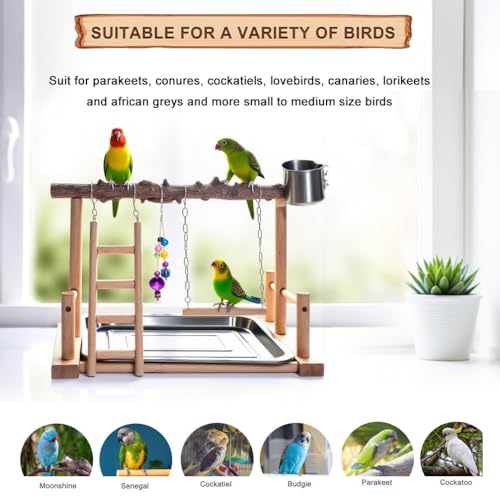 Image of Natural Wood Bird Perch Stand, Wooden Parrot Perch Stand Fork Toys Hanging Multi-Branch Rope Perch Platform Hammock Swing Toy Chewing Stick Cage Accessories