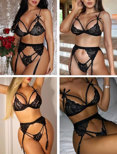 Avidlove Women Lingerie Set Lace Teddy Strap Babydoll Bodysuit with Garter Belts4