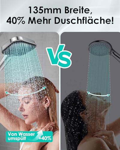 Duschkopf Wassersparend, Duschbrause Groß 135mm, Handbrause mit Antikalk-Funktion 【Lebensmittelechtes Silikon】【43% Wassereinsparung】, AirMix Brausekopf Dusche mit 3 Strahlarten, Chrom (Ohne Schlauch)