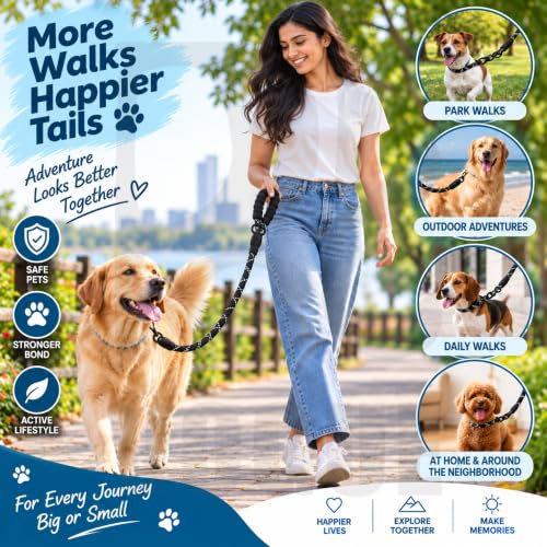 Image of PetVogue FT Nylon Rope Dog Leash, Heavy Duty Training & Walking Lead for Small, Medium & Large Dogs, Reflective Pet Walking Cord with Comfortable Padded Handle & Strong Metal Clip (Black)