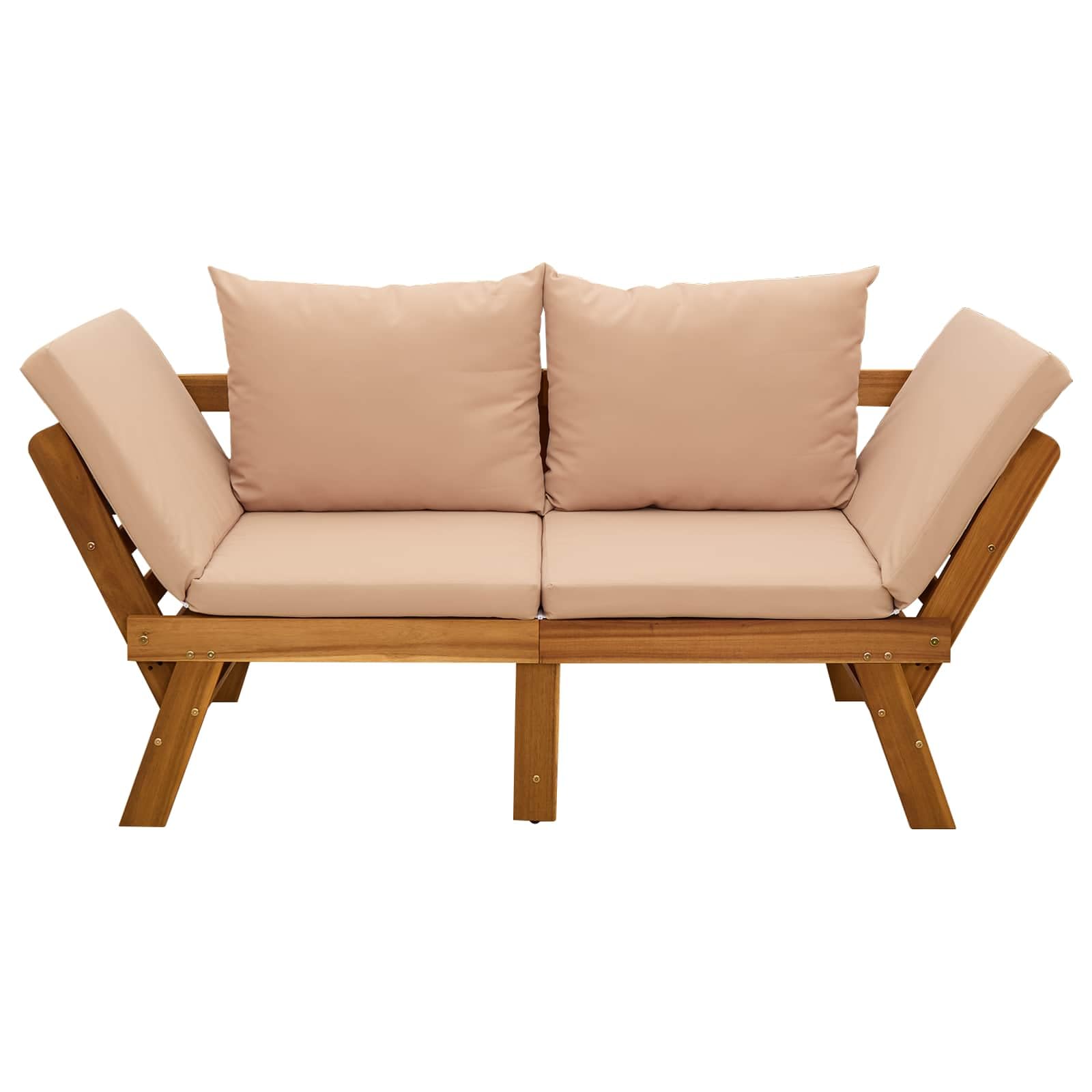 Panca da giardino 3 in 1 in legno di acacia massiccio con cuscino beige, resistente alle intemperie, pieghevole, per terrazza, balcone, giardino anteriore, come panca e lettino per