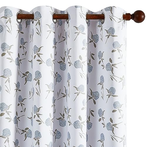 Deconovo Full Blackout Curtains 54 Inch Drop, Happy Printed Eyelet Curtains, Farnhouse Series Thermal Insulated Curtains for Girls Room, 46 x 54 Inch(Width x Length), White - Blue, One Pair