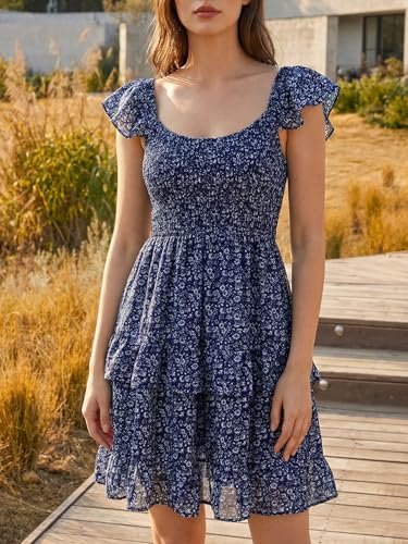 Image of Fessceruna Womens Summer Ruffle Dresses Elastic Empire Waist A-line Layered Swing Flowy Mini Dress