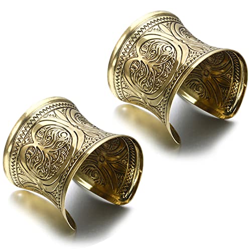 SONNYX 2 PCS Cuff Bracelets for Women Vintage Ethnic Wide Open Chunky Gold Silver Wrist Cuff Warp Bracelets for Cosplay or Belly Dance