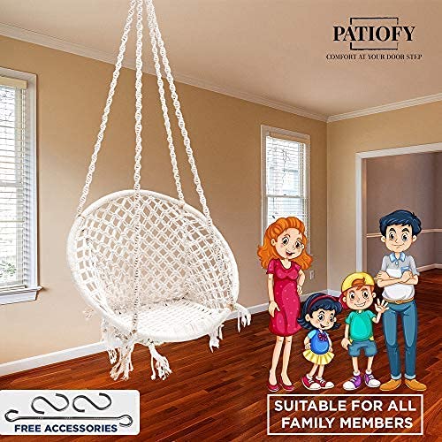 Image of Patiofy Made in India Large Size Swing Chair /with Free Complete Hanging Kit Hanging Chair Handmade 100% Cotton for Comfort Indoor & Outdoor /Swings for Home, Garden (120 Kg Capacity /White in Color)