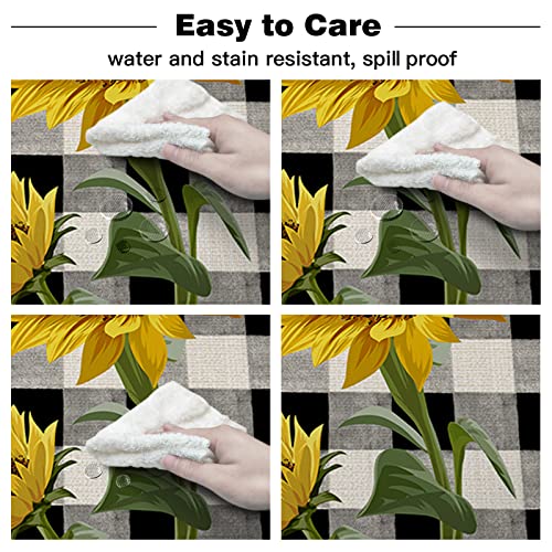 Round Tablecloth-60Inch,Farm Sunflower Bumble Bee Buffalo Check Table Cloth Waterproof Oil-Proof Tablecloths Washable Tablecover For Kitchen Dining Buffet Tabletop Pastoral Floral Sunshine Quotes #TOP5