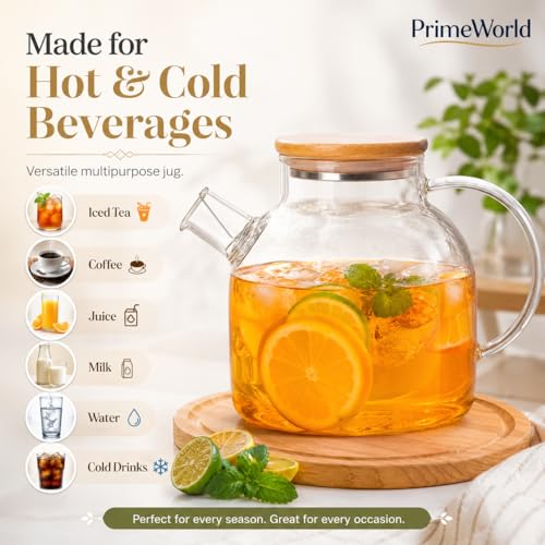 Image of PrimeWorld 1pc 2 Litre Glass Water Jug Wooden Lid, Microwave Safe Glass Borosilicate Teapot with Strainer, Detox Water Bottle Jar for LooseLeaf Maker,Hot /Cold Drink,Iced Tea, Coffee,Juice,Milk