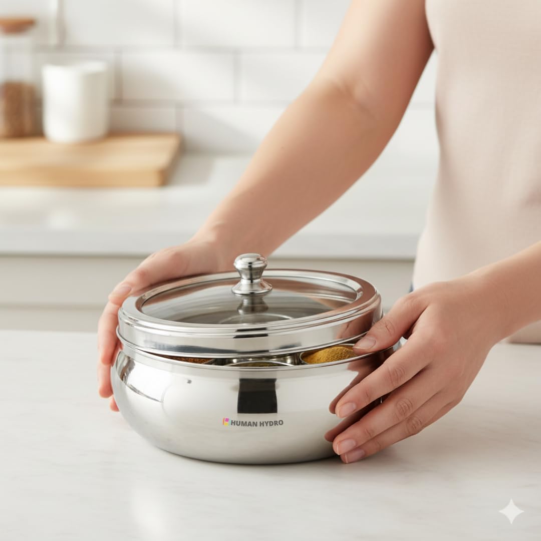 Human Hydro Premium Belly Shape Masala Dabba (18 cm, 7-in-1) | Stainless Steel Spice Box with See-Through Lid, 7 Containers & 1 Spoon | Compact Airtight Masala Box — Amazon image 6