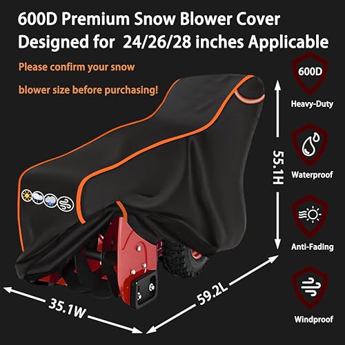 Snow Blower Cover 24/26/28 in Heavy Duty 600D Waterproof Snowblower Cover,Outdoor Snow Thrower Protector,Universal for EGO,PowerSmart,Cub Cadet,Honda,Ryobi,Ariens,Troy Bilt,Snow Joe,Toro - Image 3