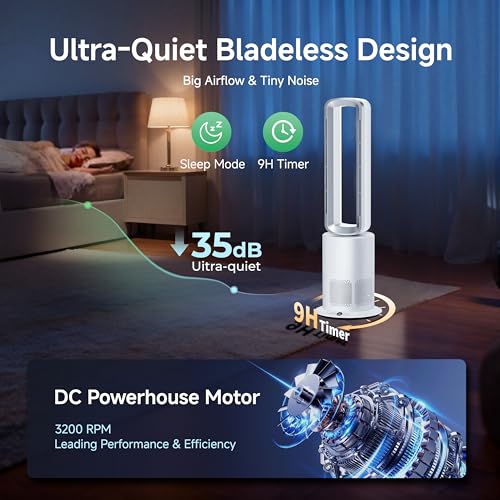 Image of Xcity TP09Pro Bladeless Tower Fan, 3-in-1 Air Purifier, Space Heater & Cooling Fan, Remote Control, HEPA H13 Filtration for Bedroom & Home Office Commercial, Silver & White
