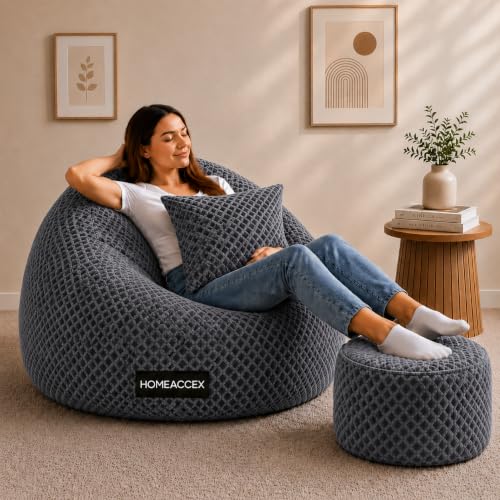 Quilted 6XL Velvet Bean Bag with Cushion Footrest Filled Bean Bag...
