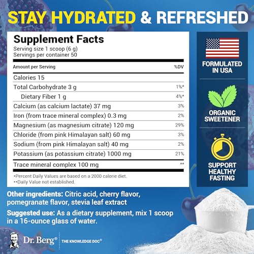 Image of Dr. Berg Zero Sugar Hydration Keto Electrolyte Powder - Enhanced w / 1000 mg of Potassium & Real Pink Himalayan Salt (NOT Table Salt) - Pomegranate and Cherry Hydration Drink Supplement - 50 Servings