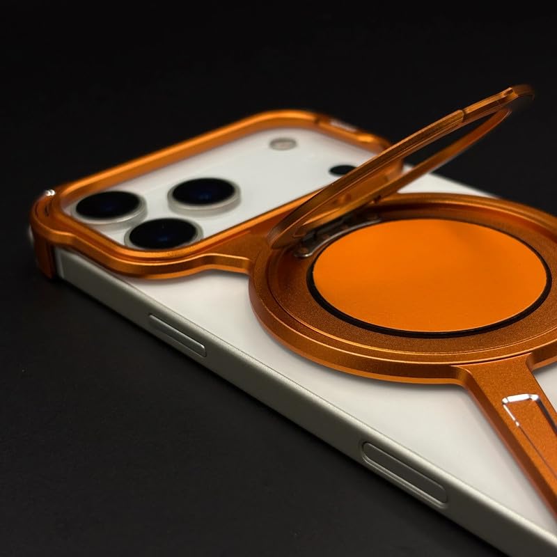 Image of X Shaped Frameless Metal Bumper Compatible with iPhone 17 Pro Max with 360 Rotate Ring Kickstand | Luxury Aluminum Armor Case | Super Slim Metal - Orange Titanium
