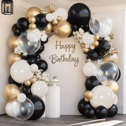 Black Gold White Balloons Arch Kit 128pcs Black White Sand Cream Chrome Gold Clear Balloons Garland Kit for Graduation Wedding Anniversary Retirement Birthday Fathers Day Party Decor