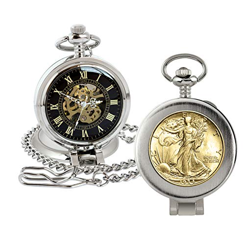 Coin Pocket Watch with Skeleton Movement | Gold Layered Silver Walking Liberty Half Dollar | Genuine U.S. Coin | Sweeping Second Hand, Magnifying Glass | Certificate of Authenticity