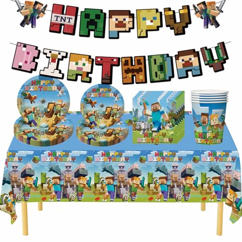 52P Minecraft Birthday Tableware Decorations,Miner Gaming Theme Paper Cups Napkins Plates Mine-Craft Table Cloth,Happy Birthday Banner Minecraft Paper Dinnerware for Kids Boy Girl TNT Game Party