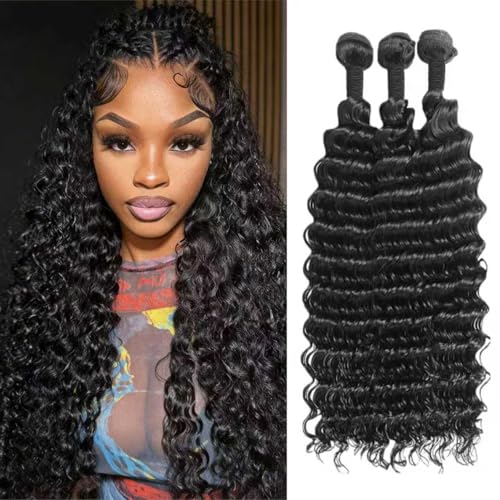Tissage Naturel Bouclés Cheveux Humain Deep Wave Human Hair 3 Bundles 100% Meche Tissage Bresilienne Extension Naturel Couleur (14 16 18 Pouces) 210g