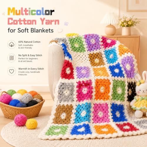 Image of Katech Milk Cotton Yarn for Crocheting, 60% Cotton 40% Acrylic-Starter Kit | 12*50g /147yd-3 DK-Soft Combed Cotton Yarns for Baby & Beginner-No Split, Multicolor Yarn Set for Blankets & Colorful Crafts