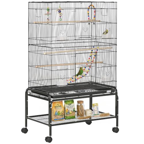 PawHut Cage à Oiseaux avec Support à roulettes - Volière Grande Taille 79x49x133cm pour Perruche Canari - 10 Portes et 1cm Espacement, Espace Spacieux avec...