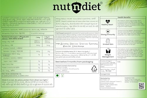 Image of nutndiet Cold Pressed Coconut Oil 5 Litre Can | Pure, Natural & Chemical-Free | Multipurpose Oil for Cooking, Skin Care, Hair Care & Massage | Rich in Nutrients & Antioxidants