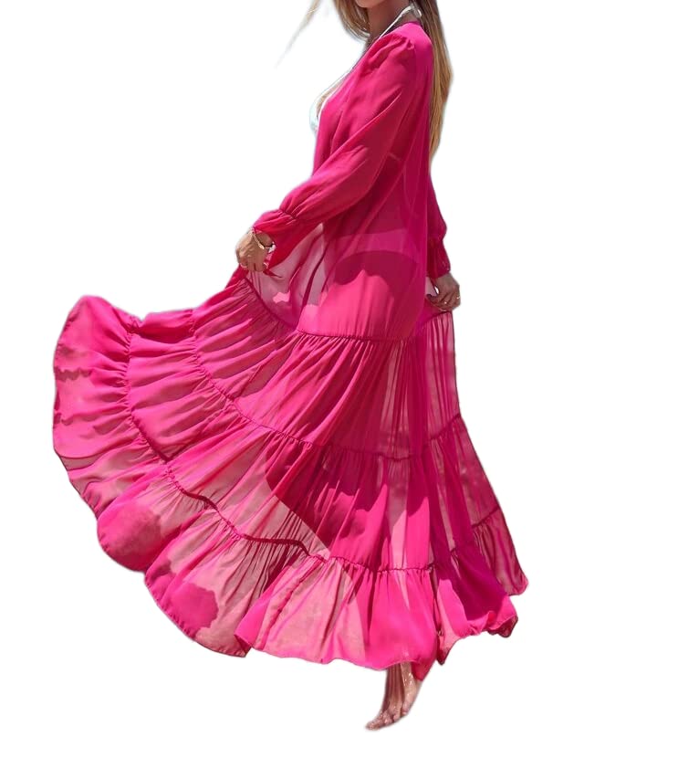 Mrugneni Long Gathered Full Sleeves Georgette Kimono- DN- 507- Length- 50 Inches (XL, HOT PINK) 1