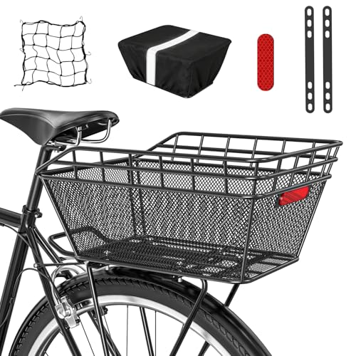 Large Bicycle Basket - Rear Bike Basket with Cargo Net and 2-in-1 Waterproof Cover Wire Bike Baskets Large Capacity for Adult Bikes Electric Bike Carrying Grocery Ball Dog