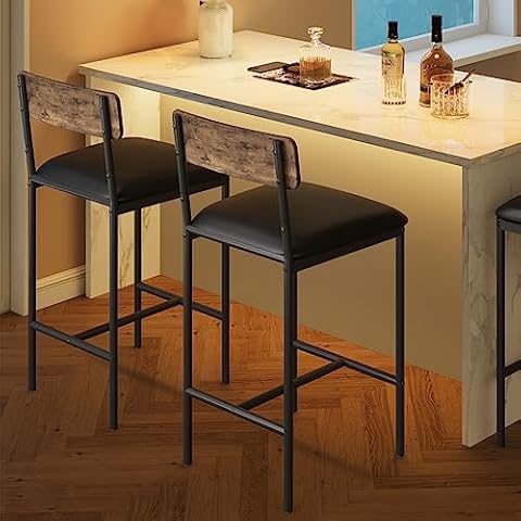 Amyove Bar Stools Set of 2, Upholstered Bar Chairs with Back, 25.5 Inches Kitchen Bar Stools with Footrest, Thick Cushion, Counter Height Barstools for Island, Counter Bar, Easy Assembly, Rustic Brown Cover