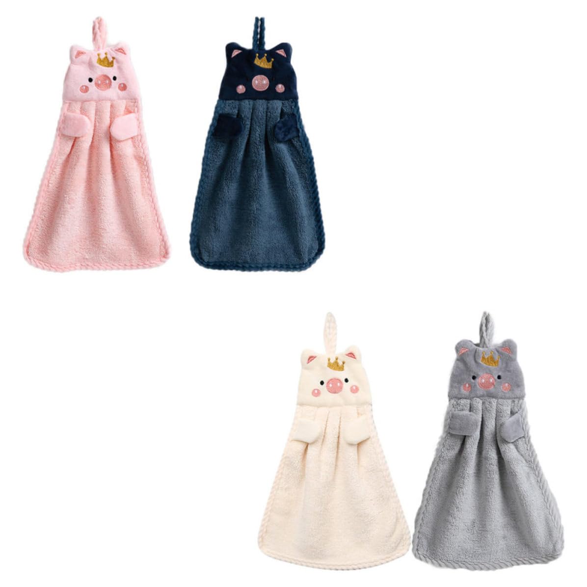Toallas de mano suaves para baño y cocina con bordado animado y sistema para colgar, 4 piezas