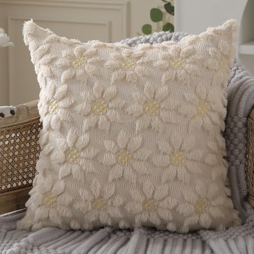 Image of DFXSZ Spring Summer Pillow Covers 16x16 inch Set of 2 Beige Sunflower | Farmhouse Decor Soft Plush Faux Fur Jacquard Throw Pillow Covers|For Spring Holiday Sofa Home Decor