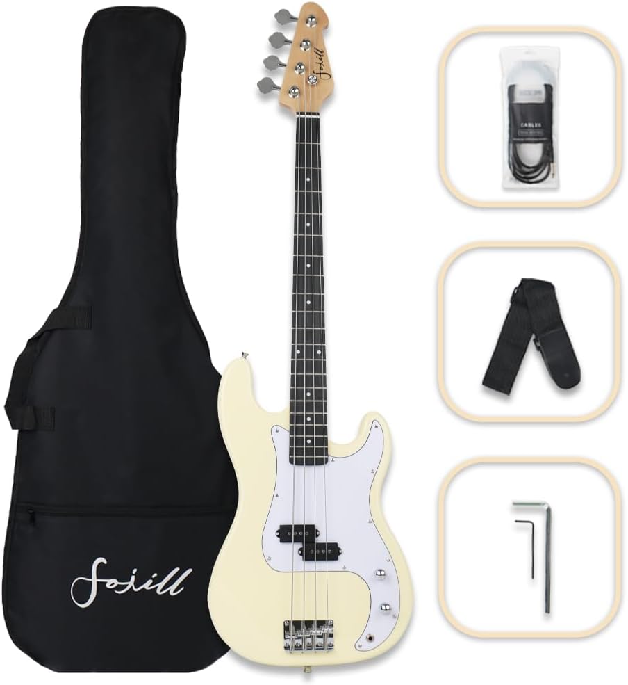 Fojill Full Size Electric Bass Guitar Four 4 String Right Handed with Gig Bag Strap Cable(FPB-50CM)