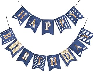 PartyWoo Sign, Navy Gold Banner, Happy, Blue, Boy Birthday Decorations, Party Supplies