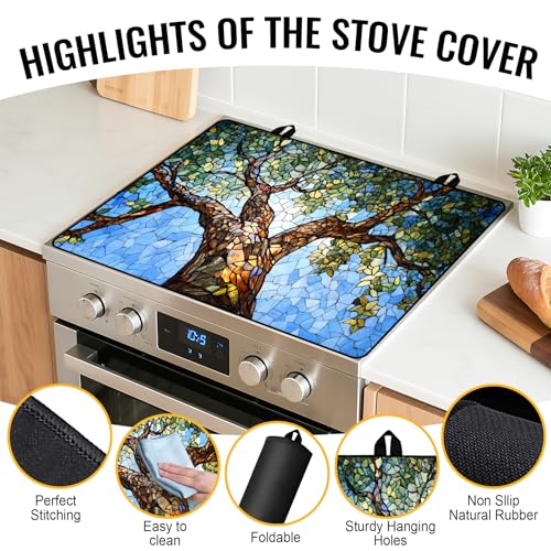 Image of NYZE Stove Cover for Electric and Glass Stove Tops 3-in-1 Stove Mat, Heat Resistant Counter Protector Mat, Non-Slip Surface & Drying Rack (Tree, 28.5 inchLx20.5 inchW)