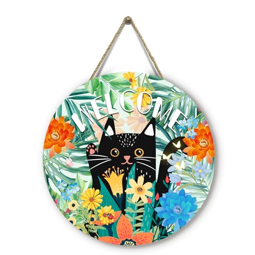 Dacawin Cartello di benvenuto con gatto nero per porta d'ingresso primavera fiori margherite cartelli rotondi per porta estiva foglie di palma floreale in legno cartello per porta d'ingresso