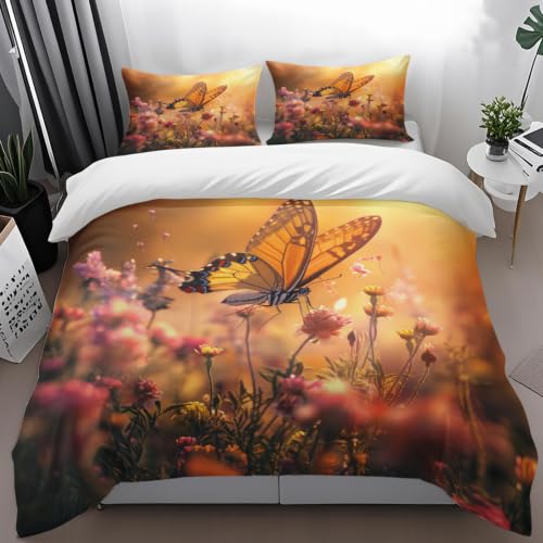 Parure de lit 240x260 microfibre durable avec housse de couette fleur orange