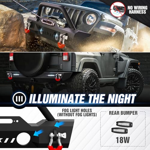 Image of YZONA for Wrangler JK Front and Rear Bumpers Compatible with 2007-2018 Jeep Wrangler JK JKU Unlimited 2 /4 Doors with Winch Plate, Bull Bar, LED Lights, OE Fog Light Holes, 2 inch Hitch Receiver & D-rings