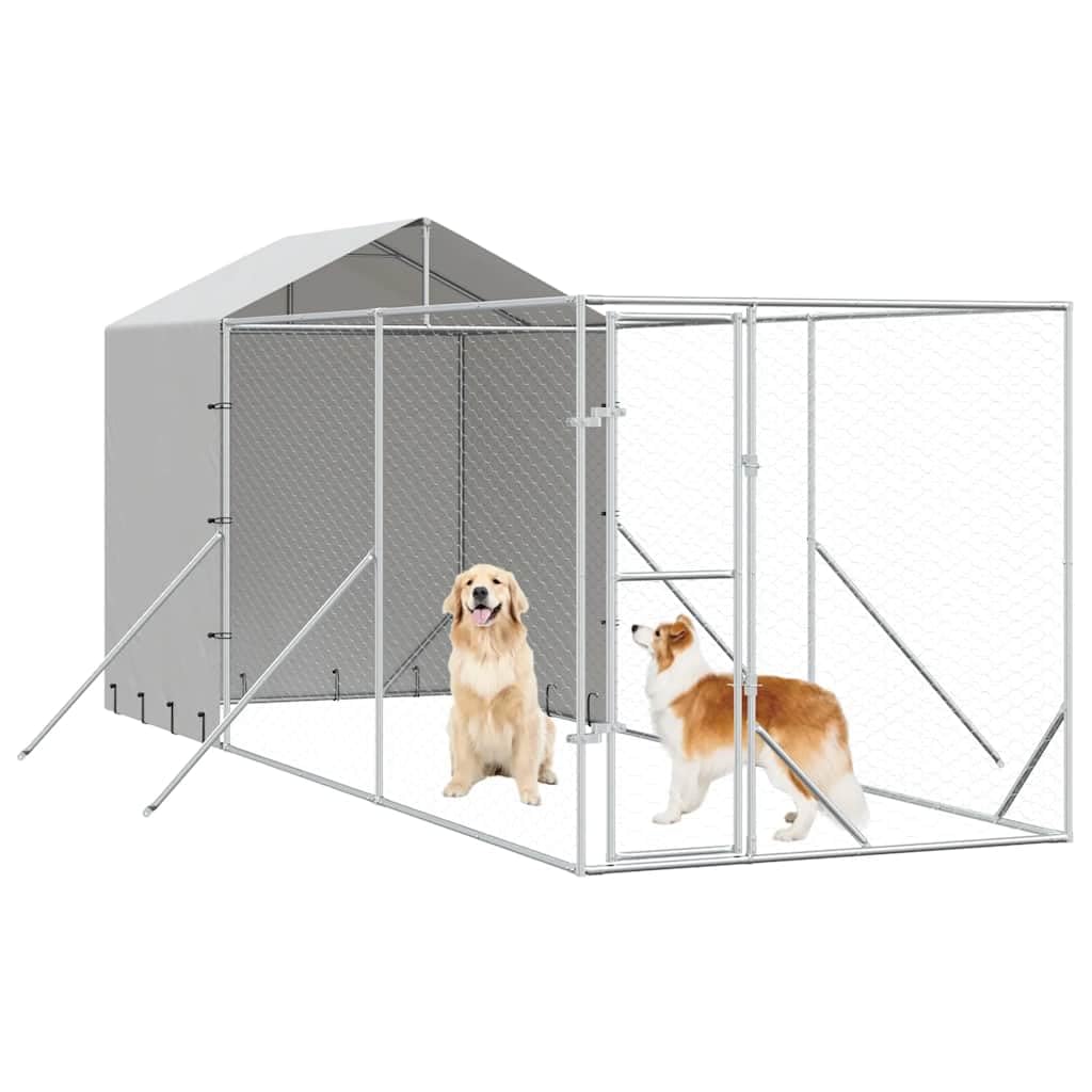 Cuccia per cani per esterni con tetto, in acciaio zincato, 2 x 6 x 2,5 m, argento | Grande recinto da giardino con porta richiudibile e tetto protettivo in PE per piccoli animali e cani.