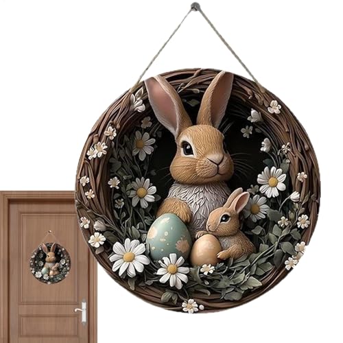 Couronne de lapin de porte, panneau de Pâques en bois, panneau de lapin de Pâques, design résistant aux intempéries, thème printanier, 23 x 23 cm, pour porte d'entrée, fenêtre, mur, voisins