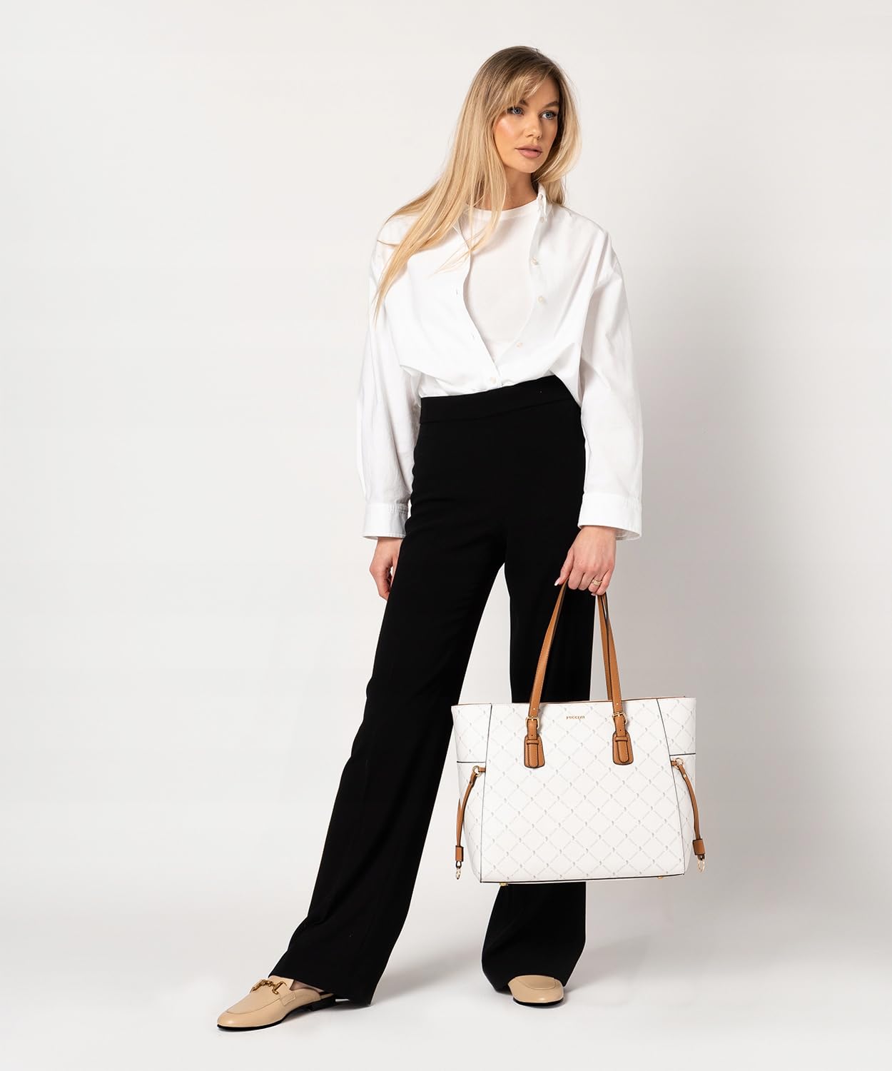 PUCCINI Damska Torebka Shopper, Biała, Duża Mieści A4, Skóra Ekologiczna, Elegancka, Monogram, Z Uchwytami na Ramię, Złote Detale