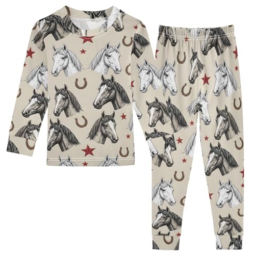 Pajama Sets Long Sleeve Horse Heads Stars Horseshoes Pattern Soft Comfy Sleepwear 2 Piece PJS 3-8T