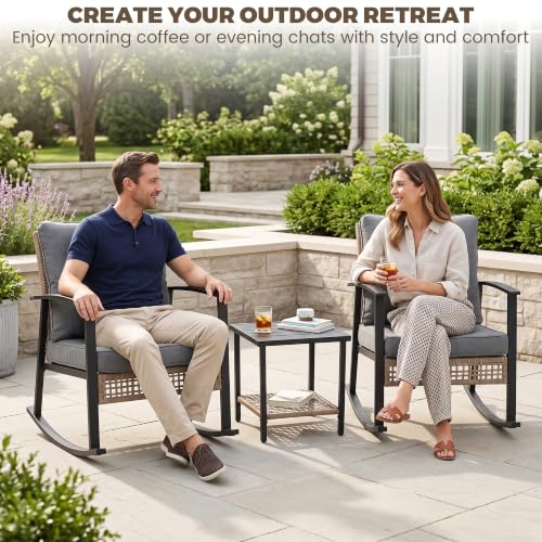 TARKARI 3-Piece Patio Rocking Chairs Set of 2, Rocking Chair Bistro Set [Upgraded 2.0] & 2-Tier Coffee Table, Wicker Rocking Chair Outdoor Patio Furniture Set for Backyard, Porch, Balcony (Grey) - image 9