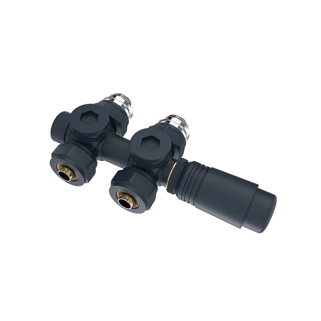 Heilmetz Multiblock Set für Heizkörper Anschlussarmatur mit Thermostat 50mm Ventil-Armaturen Heizungszubehör Eck- und Durchgangsform Anthrazit Wandanschluß Anschlußgarnitur (16mm, 1 Stück)