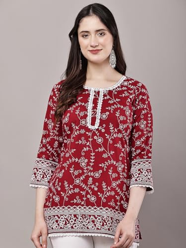 Image of Women's Pink Printed Short Kurti with Lace Trim, 3 /4 Sleeves, Ethnic Indian Style Top