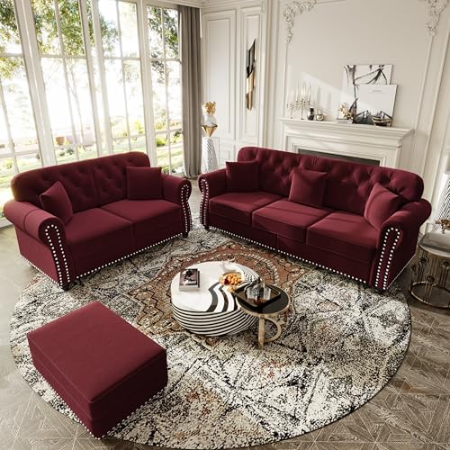 Image of KEIKI 2-Piece Chesterfield Sofa Set with 1 Velvet 3-Seater Sofa & 1 Loveseat Sofa, Upholstered 5-Seater Couch Set with Nailhead Trim & Rolled Arms & 1 Ottoman & 5 Pillow, for Living Room, Burgundy