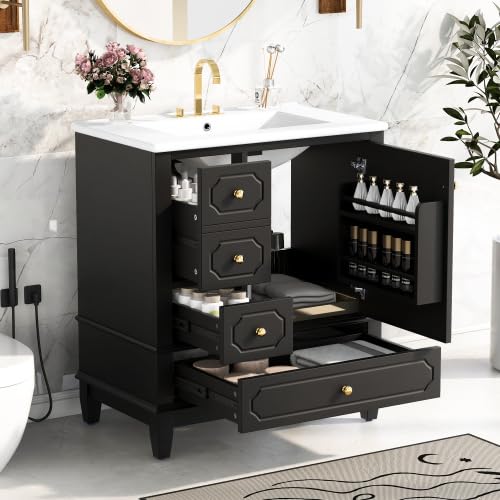 Image of Bellemave 30 inch Bathroom Vanity with Ceramic Sink & 3 Drawers, Bathroom Cabinet with Storage Shelves & Solid Wood Base, Freestanding Vanity Cabinet with Soft-Close Door with Organizer (Black /30)