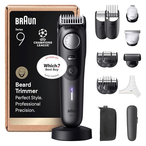 Braun Beard Trimmer Series 9, +14 Barbering Tools, Power Boost & Lifetime Sharp ProBlade, 180 Min, with Fade, 52 Lengths, PrecisionWheel & Lock, Waterproof, BT9565, Titanium
