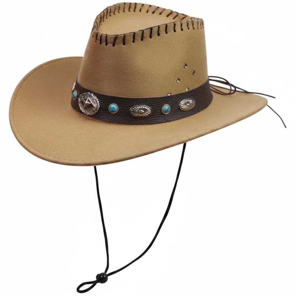 Hrippy Turquoise Stone Decor Felt Wide Brim Cowboy Fedora, Classic Country Cowgirl Cap for Men Women Outdoor Party Styling